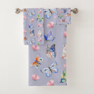 Watercolor Mixed Colourful Butterflies and Flowers Bath Towel Set