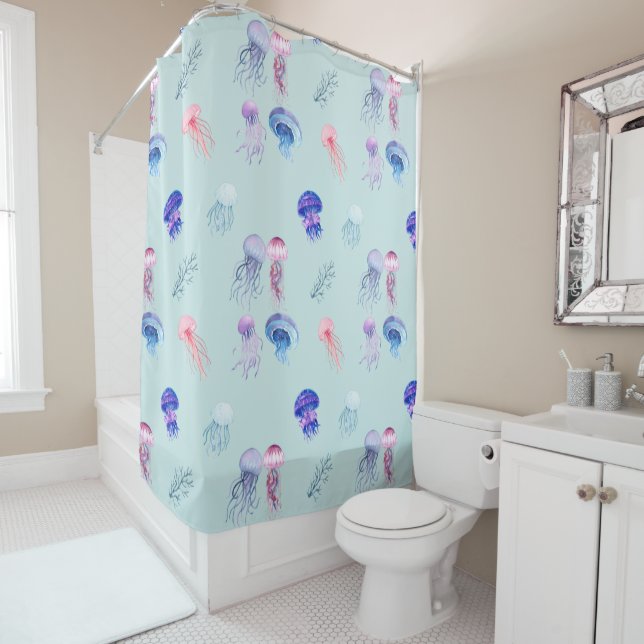 Watercolor Mixed Colourful Jellyfish Blue Shower Curtain (In Situ)