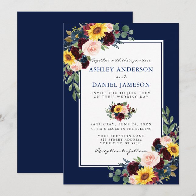 Watercolor Mixed Floral Blue Frame Wedding Invitation (Front/Back)
