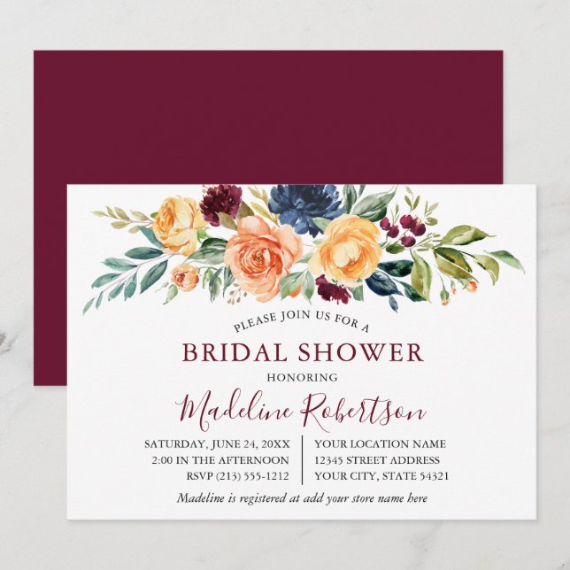 Watercolor Mixed Floral Bridal Shower Burgundy Invitation (Front/Back)