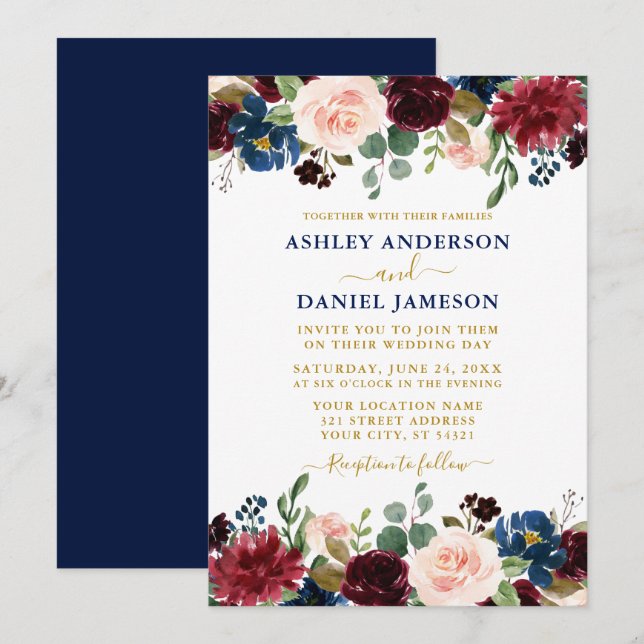 Watercolor Mixed Floral Burgundy Blue Gold Wedding Invitation (Front/Back)
