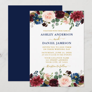 Watercolor Mixed Floral Burgundy Blue Gold Wedding Invitation