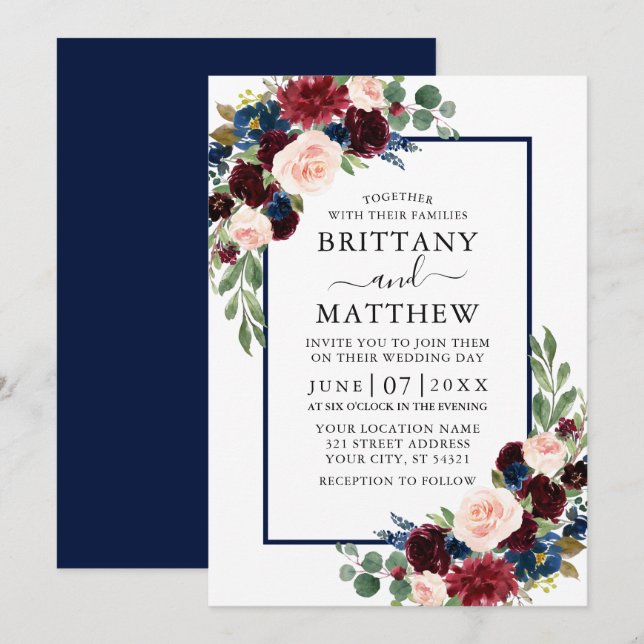 Watercolor  Mixed Floral Burgundy Blue Wedding Invitation (Front/Back)