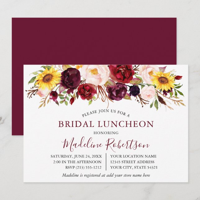 Watercolor Mixed Floral Burgundy Bridal Luncheon Invitation (Front/Back)
