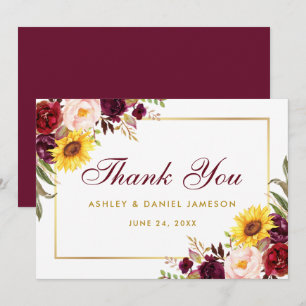 Watercolor Mixed Floral Burgundy Gold Wedding  Thank You Card