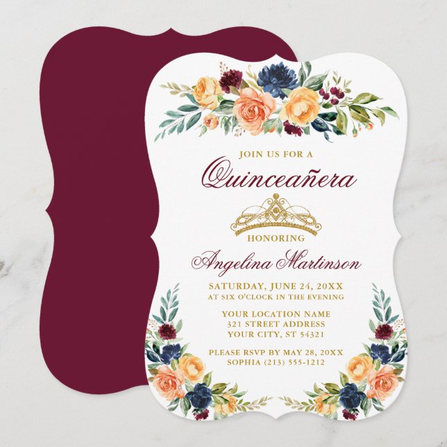 Watercolor Mixed Floral Burgundy Quinceanera Invitation (Front/Back)