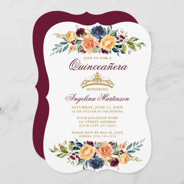 Watercolor Mixed Floral Burgundy Quinceanera Invitation (Front/Back)