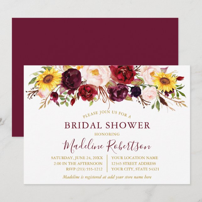 Watercolor Mixed Floral Burgundy Shower Gold Invitation (Front/Back)