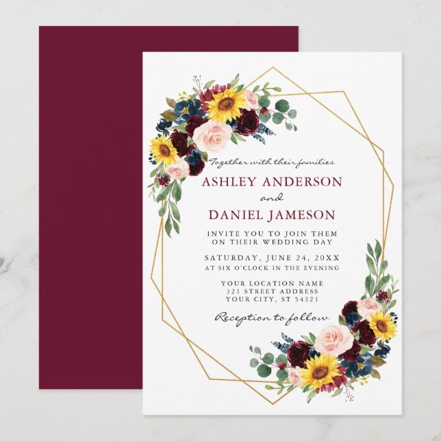Watercolor Mixed Floral Burgundy Wedding Geometric Invitation (Front/Back)