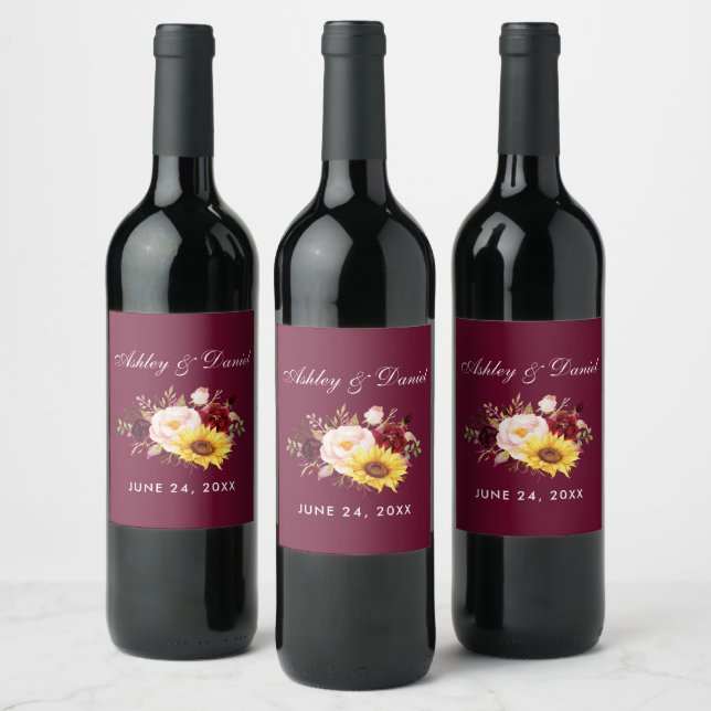 Watercolor Mixed Floral Burgundy Wedding Wine Label (Bottles)