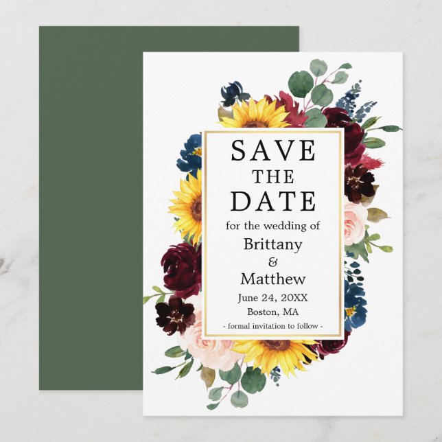 Watercolor Mixed Floral Eucalyptus Gold Save The Date (Front/Back)