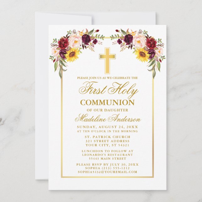 Watercolor Mixed Floral First Communion Gold Invitation (Front)