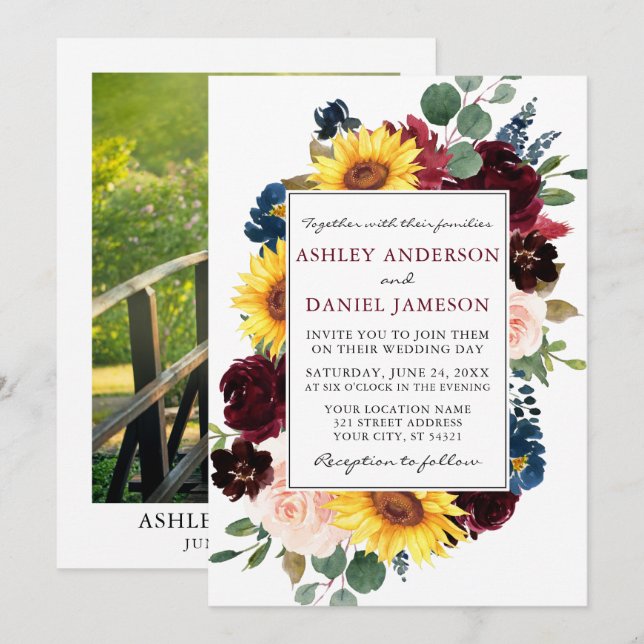 Watercolor Mixed Floral Frame Photo Wedding Invitation (Front/Back)