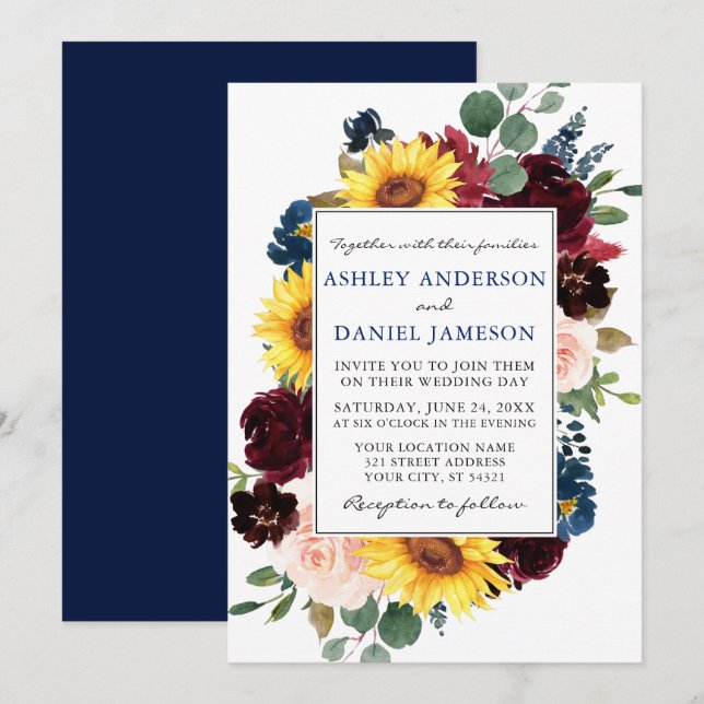 Watercolor Mixed Floral Frame Wedding Blue Invitation (Front/Back)