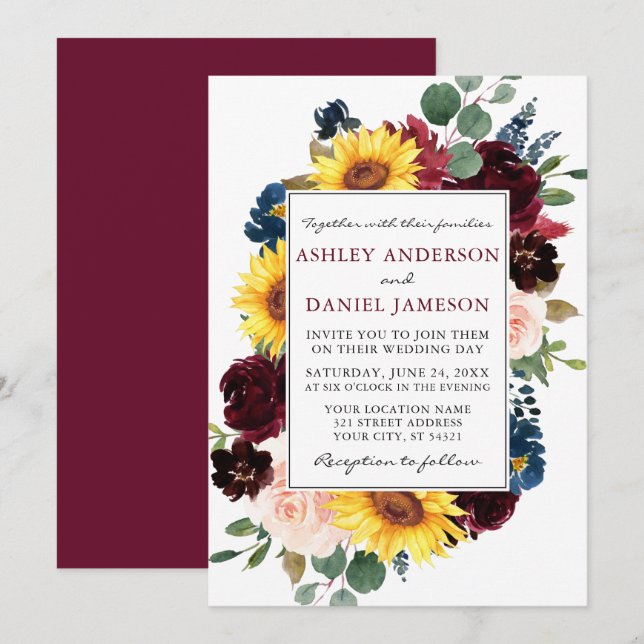 Watercolor Mixed Floral Frame Wedding Burgundy Invitation (Front/Back)