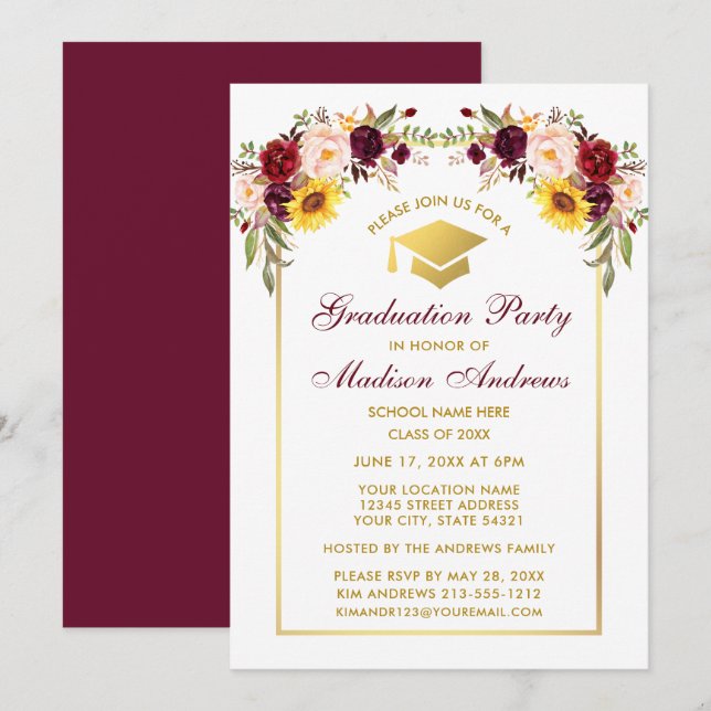 Watercolor Mixed Floral Gold Graduation Party Invitation (Front/Back)