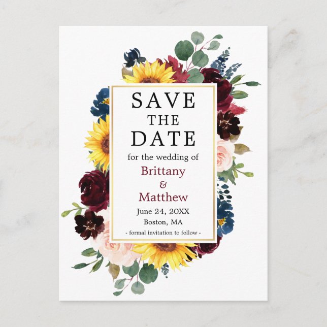 Watercolor Mixed Floral Gold Save the Date Postcard (Front)