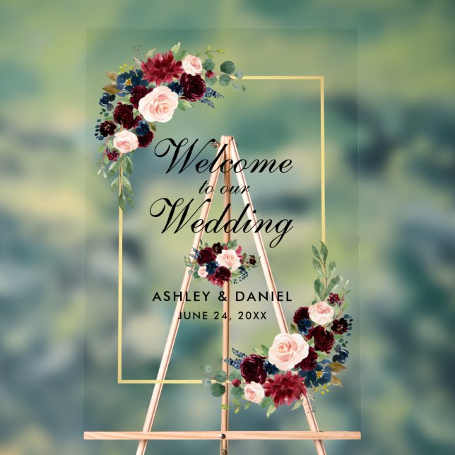 Watercolor Mixed Floral Gold Wedding Welcome Acrylic Sign (Neutral)