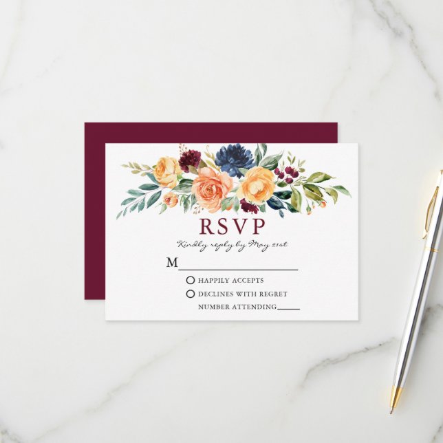 Watercolor Mixed Floral Greenery Burgundy Wedding RSVP Card (Front/Back In Situ)
