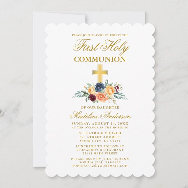 Watercolor Mixed Floral Greenery Gold Communion Invitation (Front)