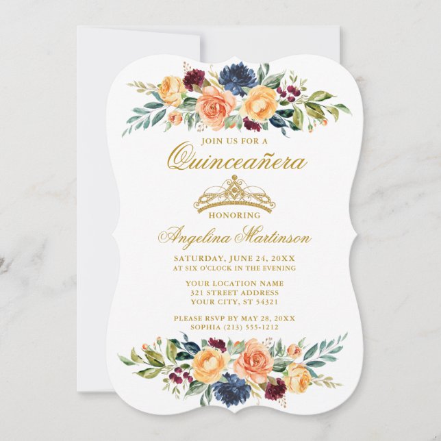 Watercolor Mixed Floral Greenery Quinceanera Invitation (Front)