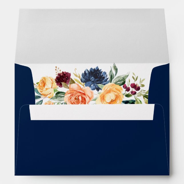 Watercolor Mixed Floral Greenery Wedding Blue Envelope (Back (Bottom))
