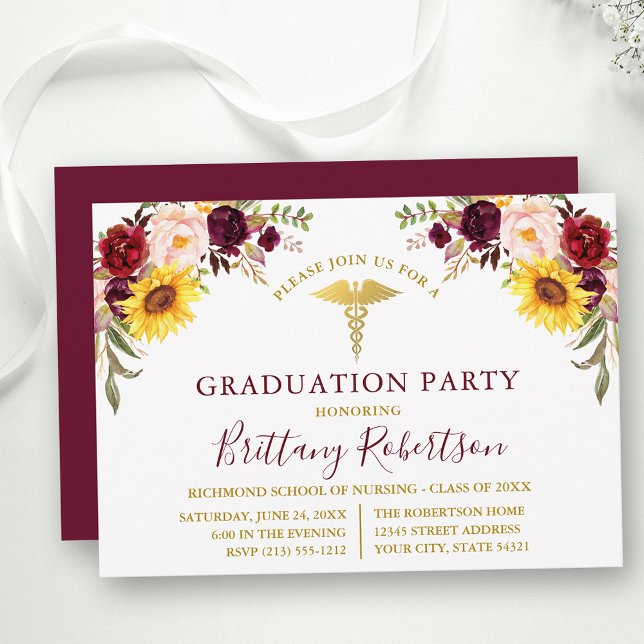 Watercolor Mixed Floral Medical Graduation Party Invitation (Customize to change text size, color, style or to change color of back of card.)