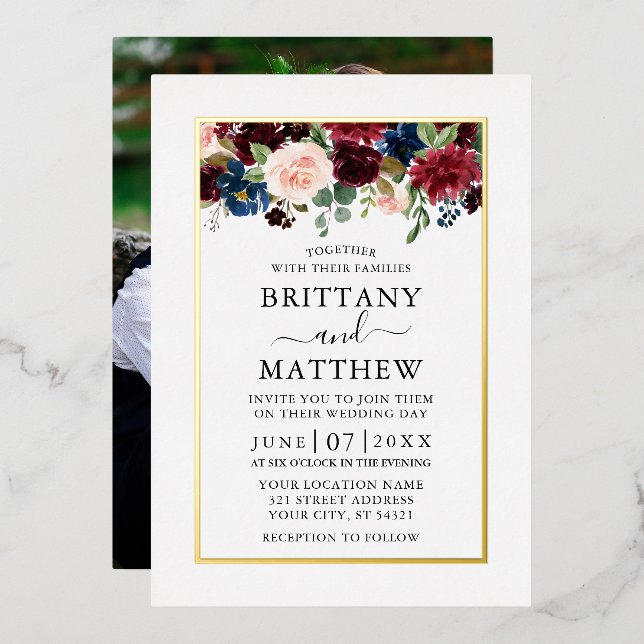 Watercolor Mixed Floral Photo Wedding Gold (Front/Back)