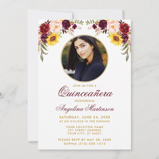 Watercolor Mixed Floral Quinceanera Round Frame Invitation (Front)