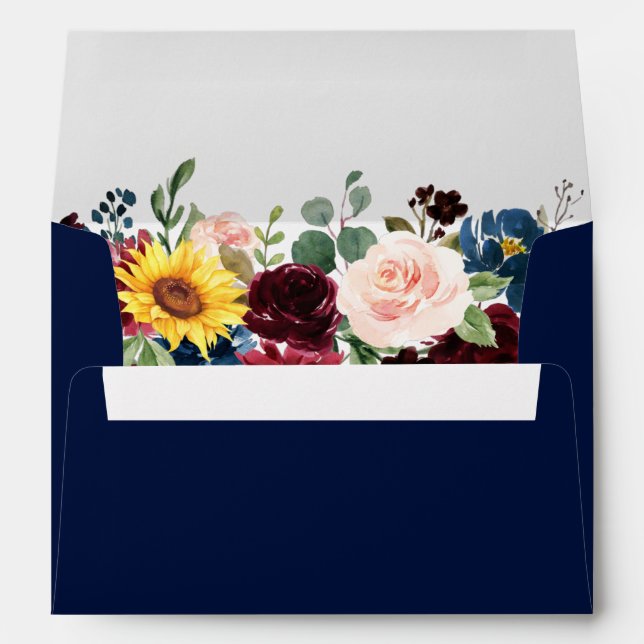 Watercolor Mixed Floral Wedding Blue Envelope (Back (Bottom))