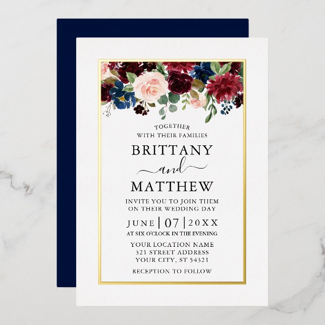 Watercolor Mixed Floral Wedding Blue Gold (Front/Back)