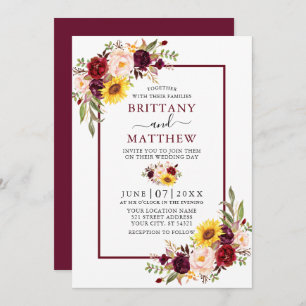 Watercolor Mixed Floral Wedding Burgundy Frame Invitation