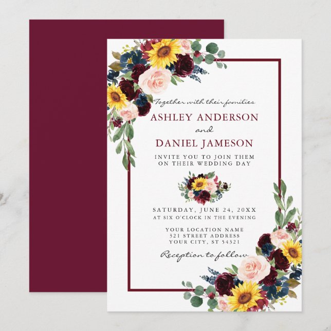 Watercolor Mixed Floral Wedding Burgundy Frame Invitation (Front/Back)