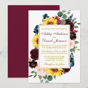 Watercolor Mixed Floral Wedding Burgundy Gold Invitation