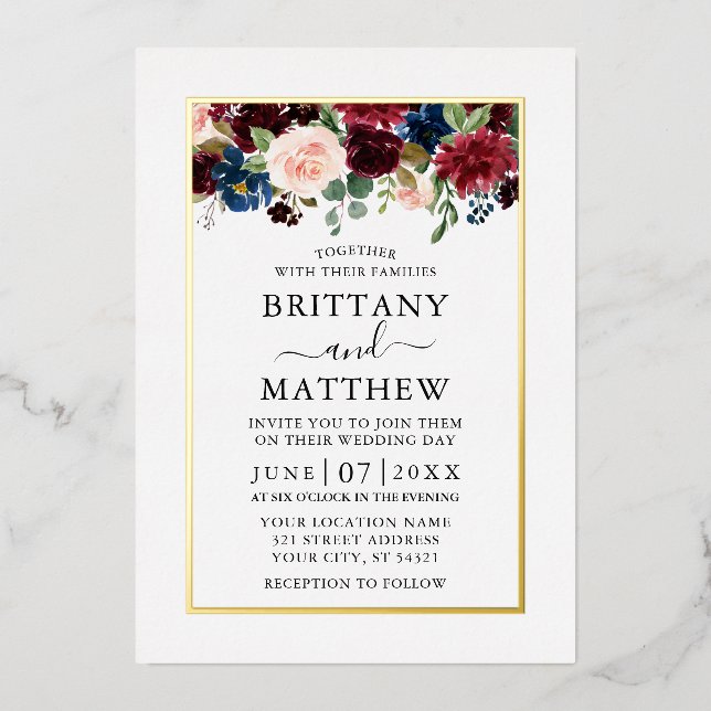 Watercolor Mixed Floral Wedding Elegant Gold (Front)