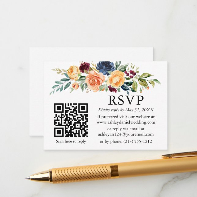 Watercolor Mixed Floral Wedding QR RSVP Enclosure Card (Front/Back In Situ)