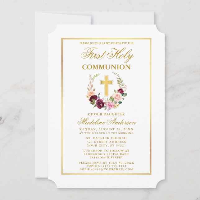 Watercolor Mixed Floral Wreath First Communion Invitation (Front)