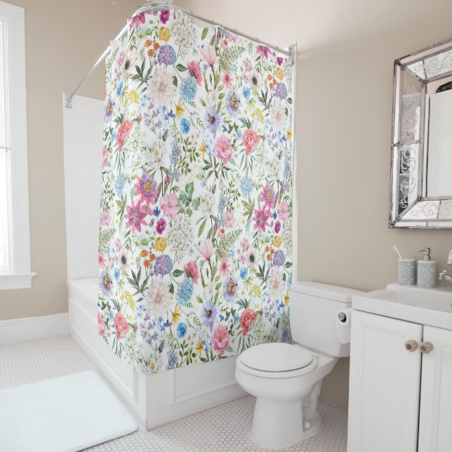 Watercolor Mixed Garden Flowers  Shower Curtain (In Situ)
