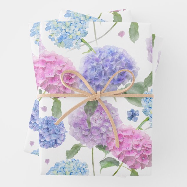 Watercolor Mixed Garden Hydrangea Flowers  Wrapping Paper Sheet (In situ)