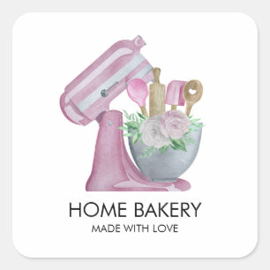Watercolor Mixer and Flowers Baking  Square Sticker