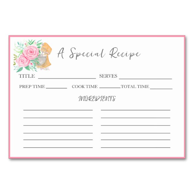 Watercolor Mixer With Roses Recipe Exchange Table Number (Front)