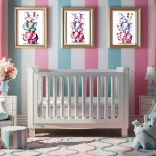 Watercolor modern 3 elephant with flower4 poster