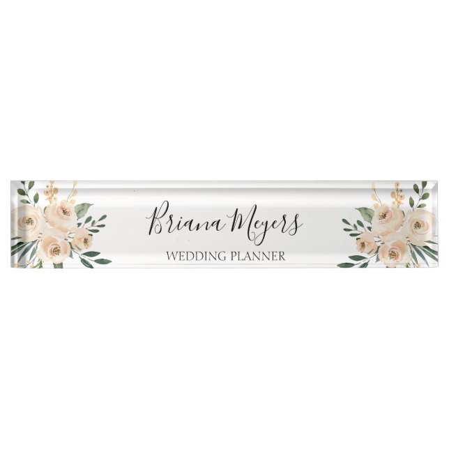 Watercolor Modern Blush Peach Hydrangeas Business Nameplate (Front)