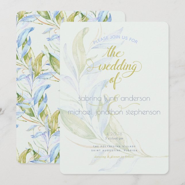 Watercolor Modern Boho Leafy Branches Wedding Invitation (Front/Back)