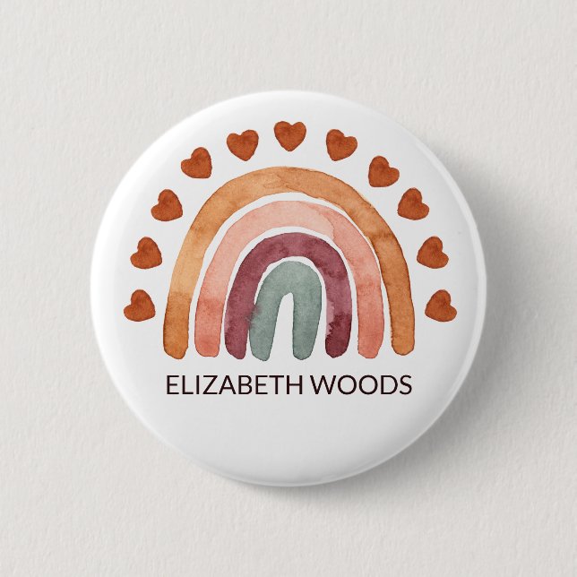 Watercolor Modern Boho Rainbow & Heart Name  6 Cm Round Badge (Front)