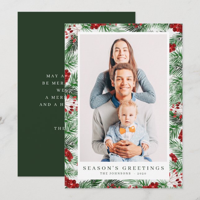 Watercolor Modern Christmas Foliage Botanicals Holiday Card (Front/Back)