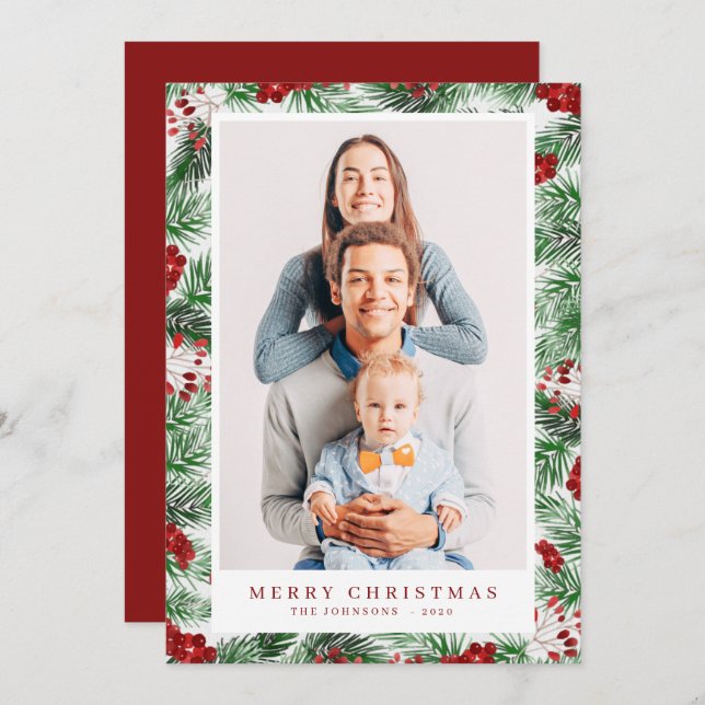 Watercolor Modern Christmas Foliage Botanicals Holiday Card (Front/Back)