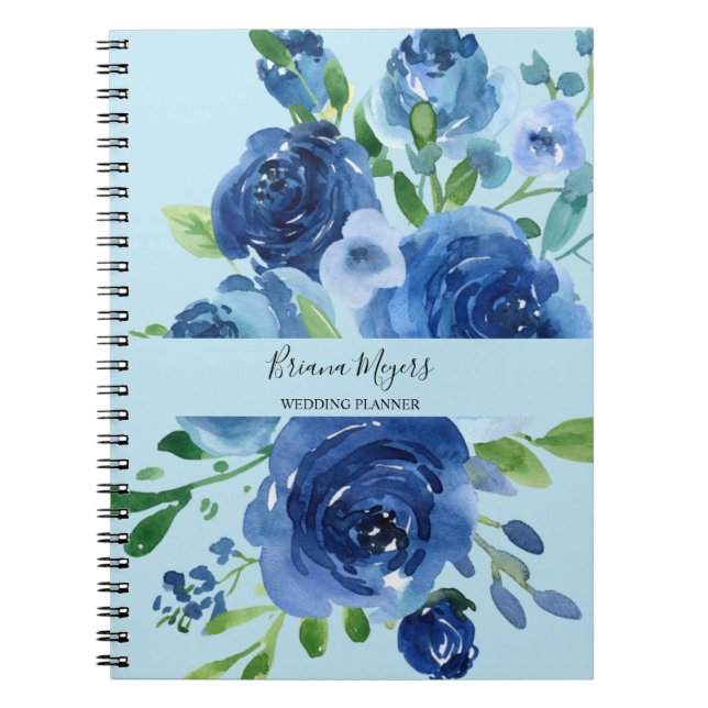Watercolor Modern Floral Navy Blue Business Notebook (Front)