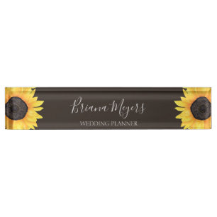 Watercolor Modern Floral Sunflower Brown Business Nameplate