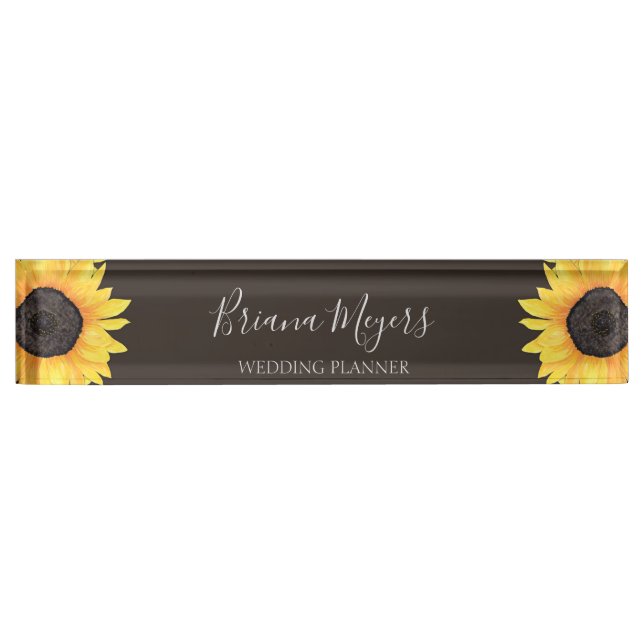 Watercolor Modern Floral Sunflower Brown Business Nameplate (Front)